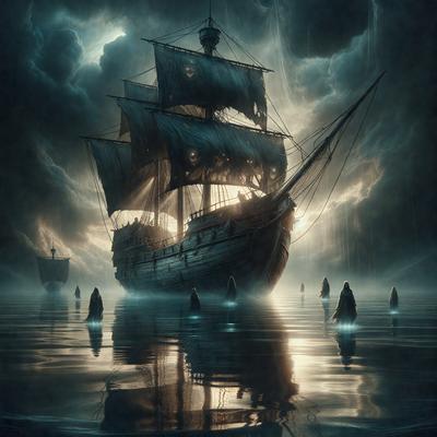 The primary subject of the image is a large sailing ship floating on the water. The ship is surrounded by a dark, cloudy sky, which adds to the overall mood of the scene. The setting appears to be a nighttime ocean, with the ship's sails and rigging illuminated by the moonlight. The visual style of the image is a digital art or illustration, creating a dramatic and atmospheric scene.
